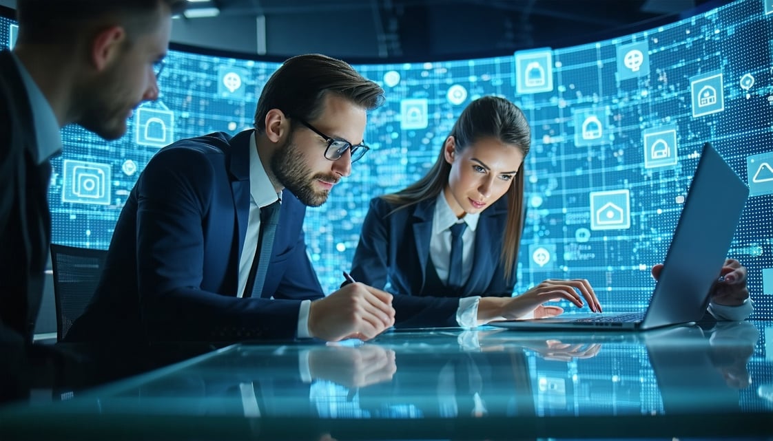 Insurance professionals reviewing cybersecurity updates on digital devices